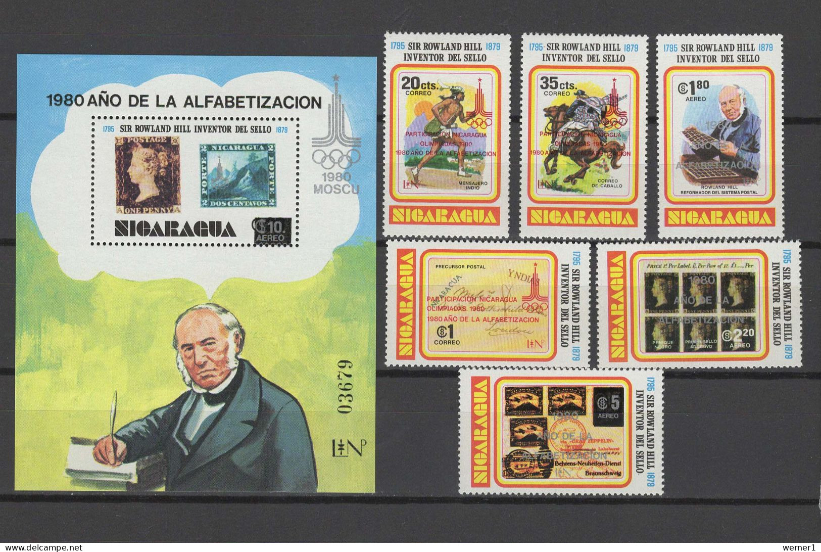 Nicaragua 1980 Olympic Games Moscow, Rowland Hill Set Of 6 + S/s With Silver Or Red Overprint MNH -scarce- - Ete 1980: Moscou