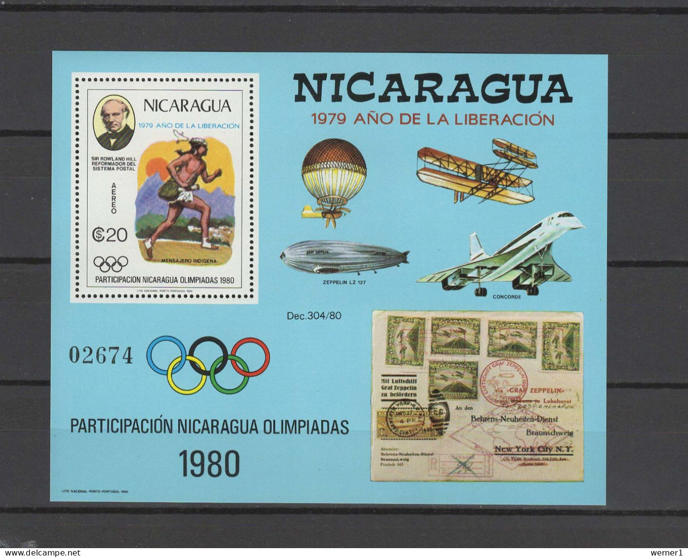Nicaragua 1980 Olympic Games Moscow, Sir Rowland Hill, Zeppelin, Concorde S/s With Overprint MNH -scarce- - Zomer 1980: Moskou