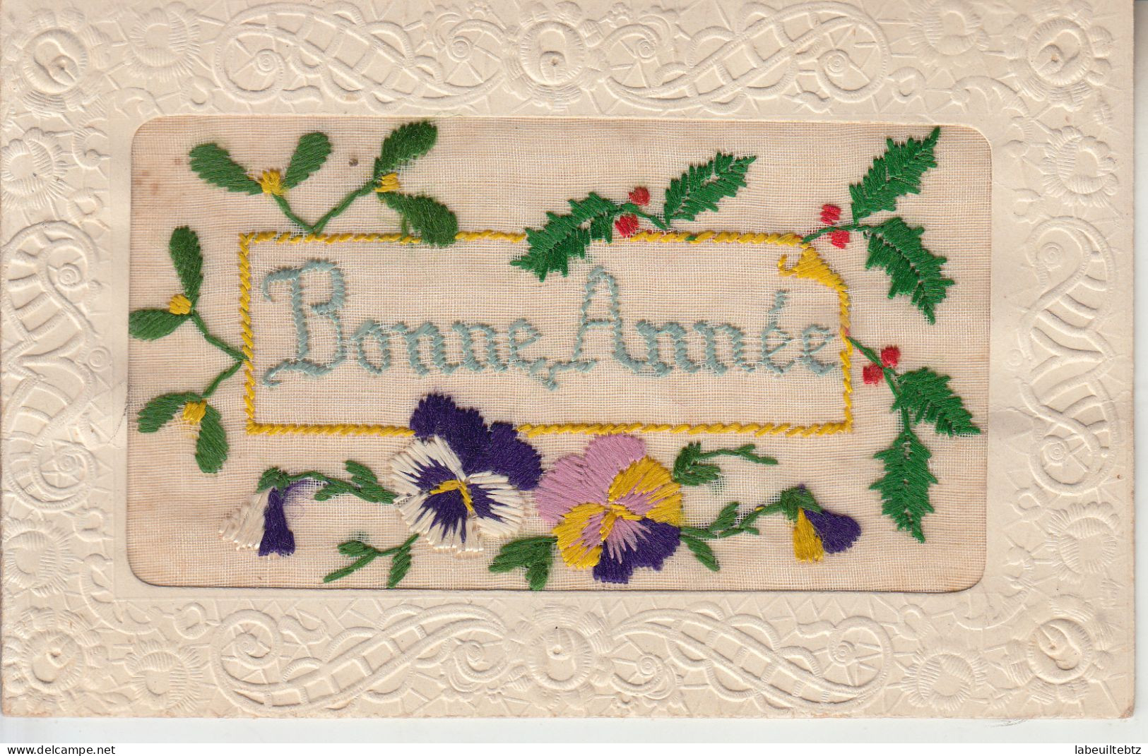 BONNE ANNEE -  Fleurs - Pensées - Houx - Gui  PRIX FIXE - Embroidered