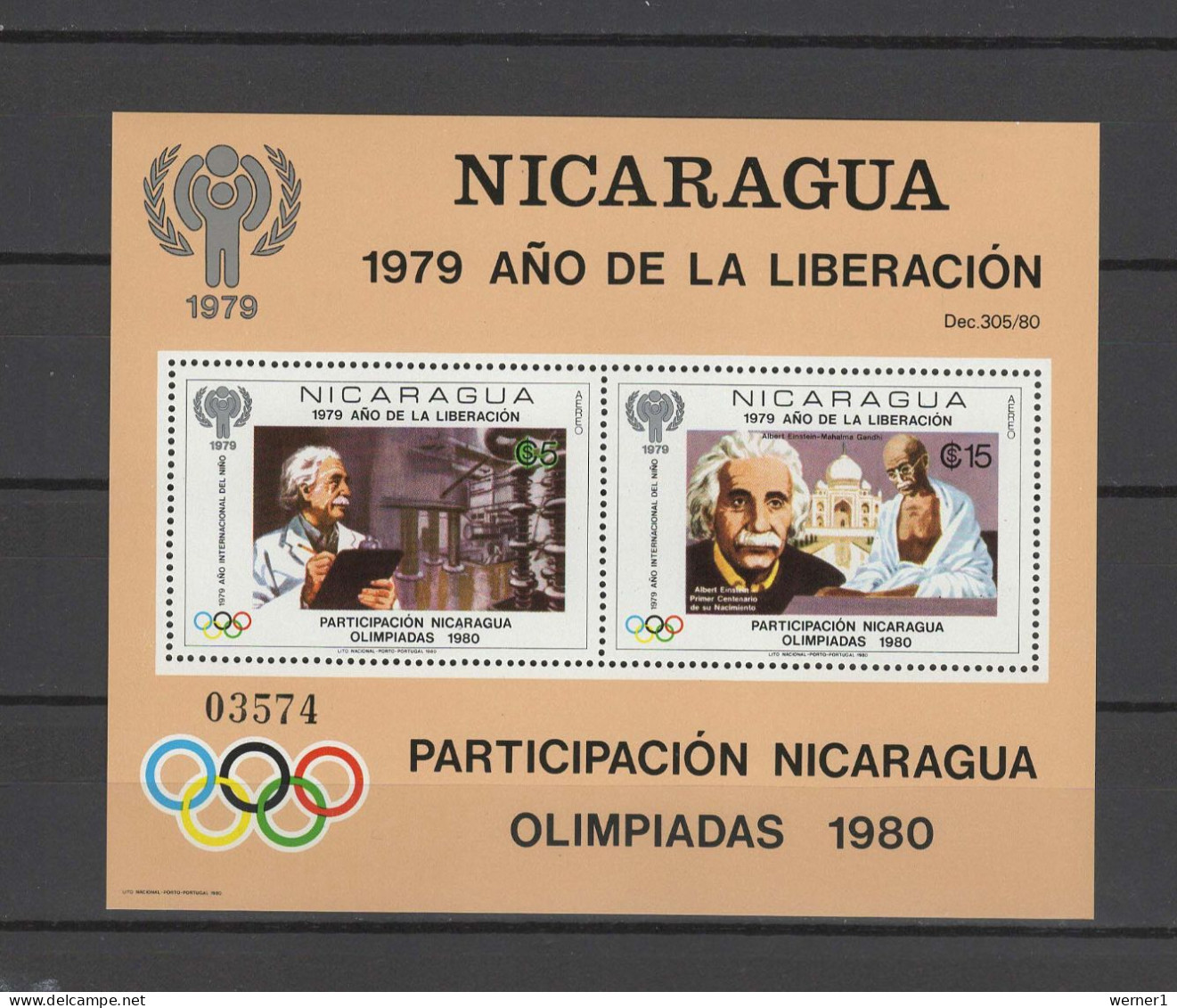 Nicaragua 1980 Olympic Games Moscow, Albert Einstein, Gandhi S/s With Overprint MNH -scarce- - Sommer 1980: Moskau