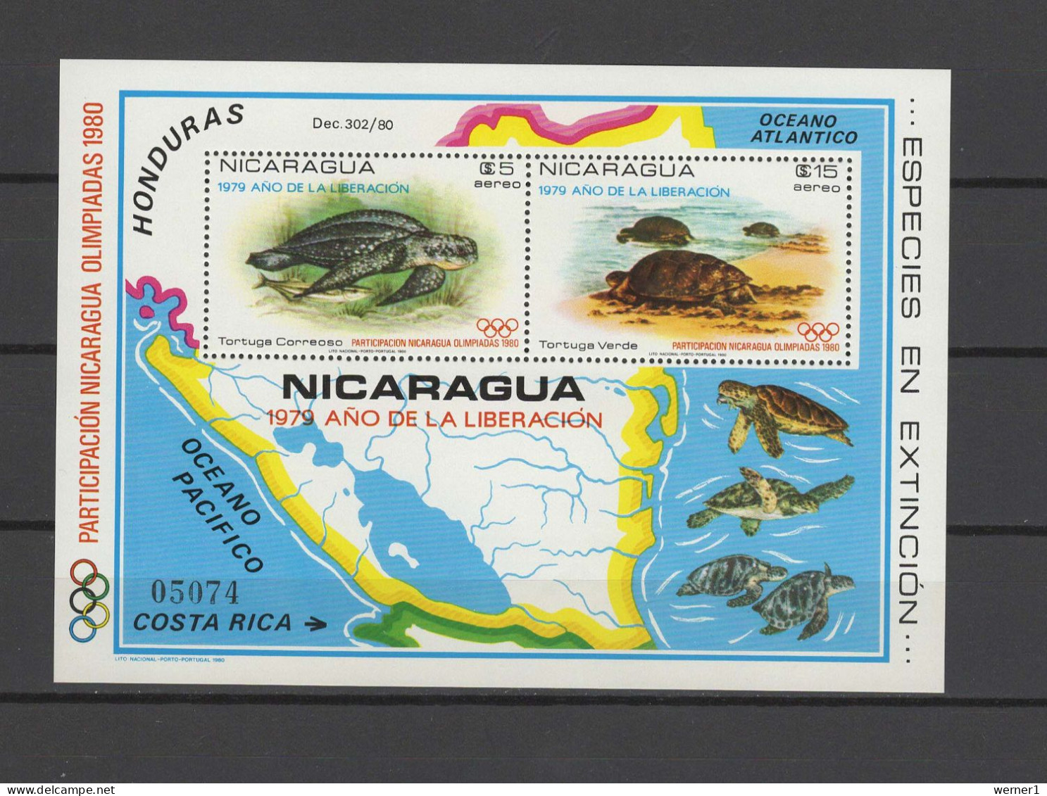 Nicaragua 1980 Olympic Games Moscow,Turtles S/s With Overprint MNH -scarce- - Estate 1980: Mosca