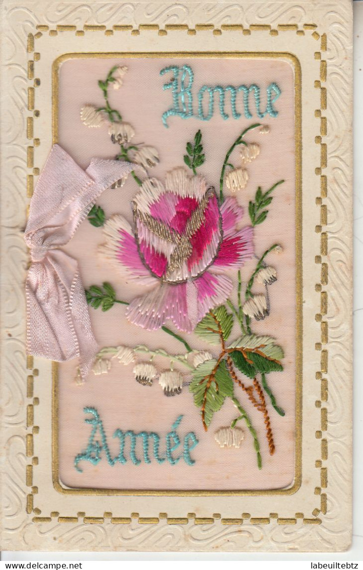 BONNE ANNEE -  Carte Double - Fleurs - Muguet - Rose  PRIX FIXE - Embroidered