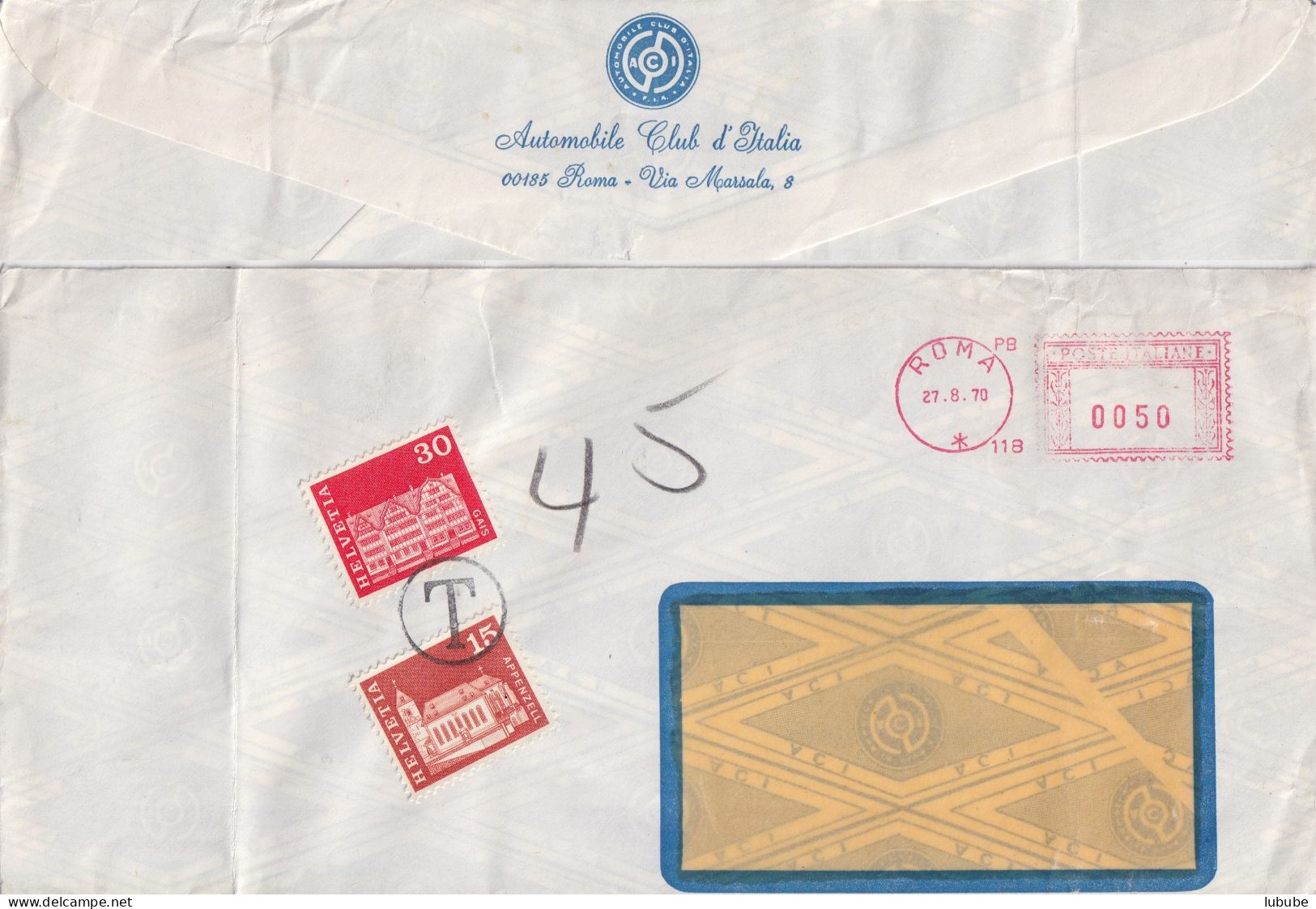 Taxierter Brief  "Automobile Club D'Italia, Roma"        1970 - Briefe U. Dokumente