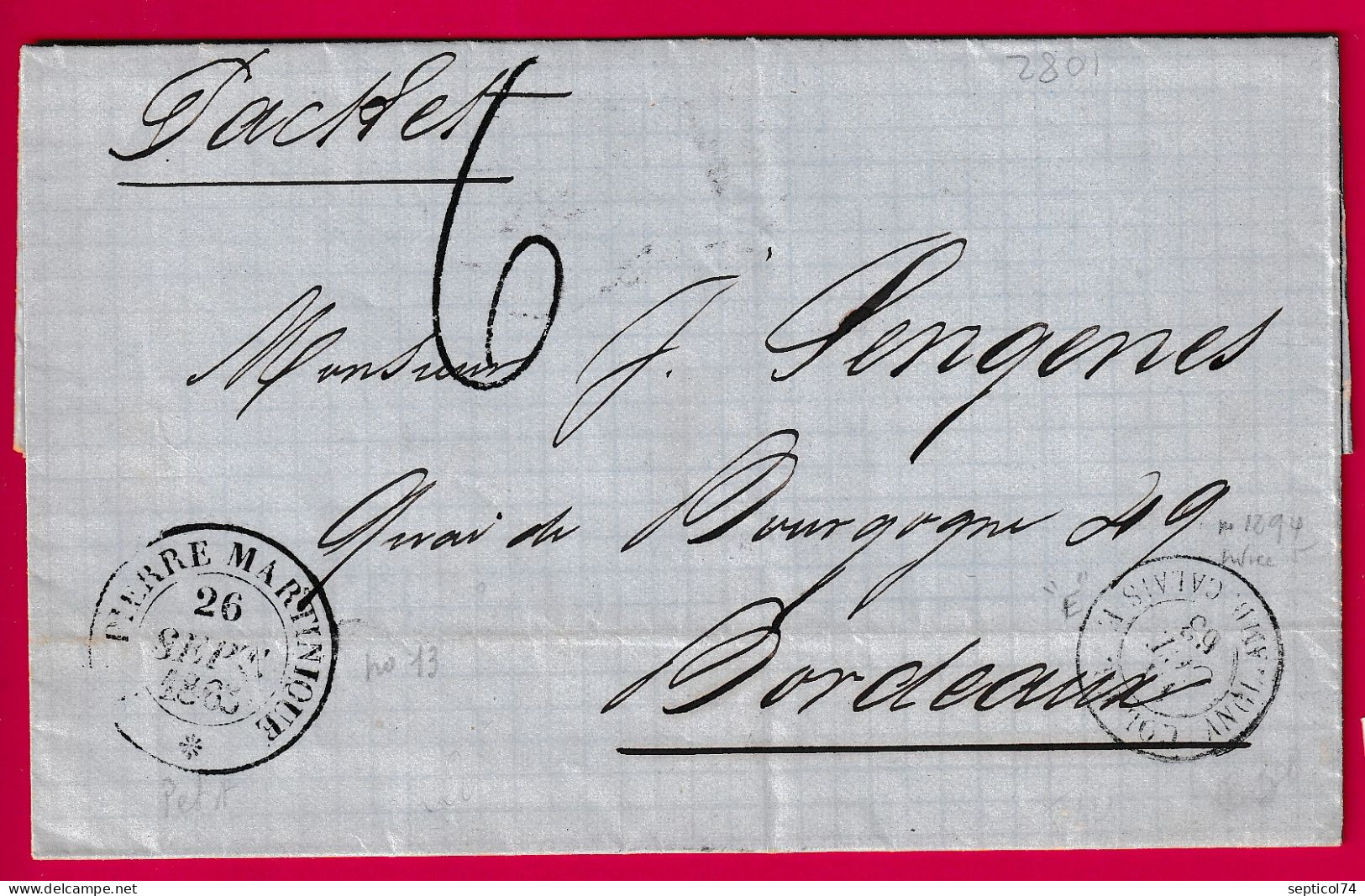 ST PIERRE MARTINIQUE 1863 TAXE 6 VOIE ANGLAISE POUR BORDEAUX LETTRE - 1849-1876: Klassieke Periode