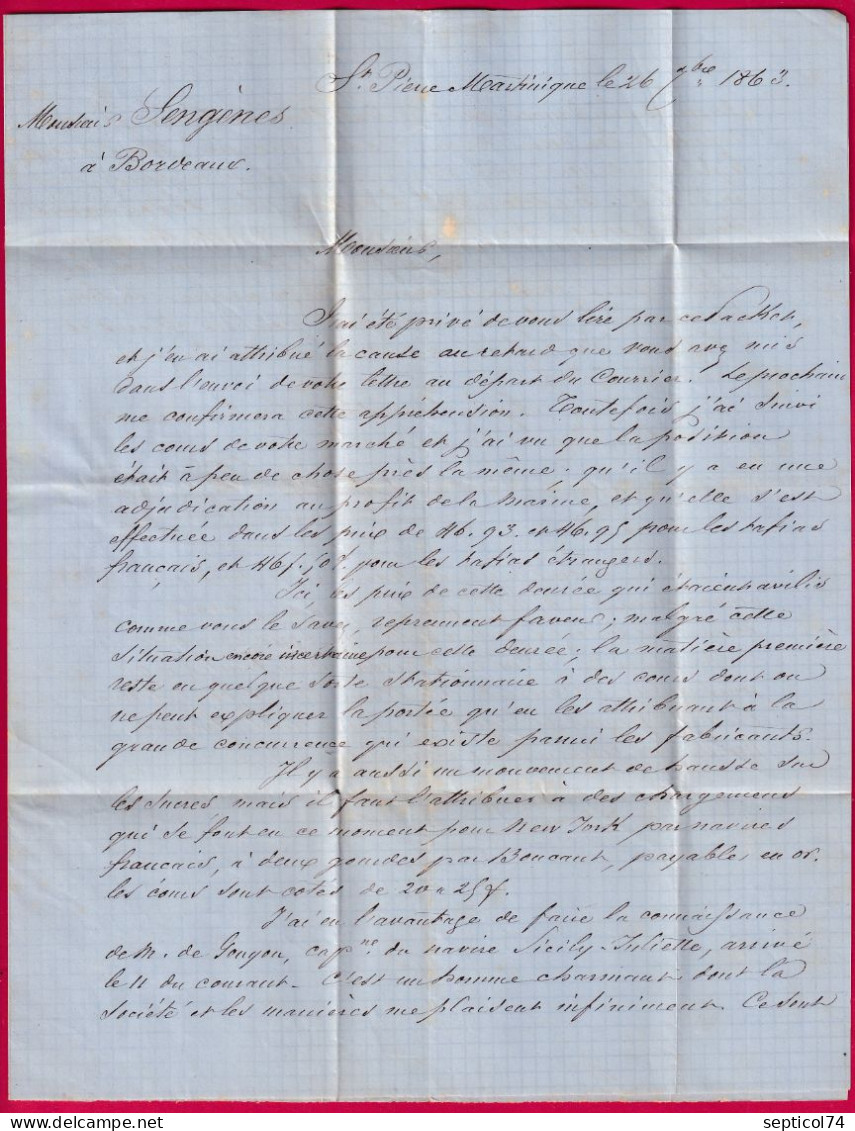 ST PIERRE MARTINIQUE 1863 TAXE 6 VOIE ANGLAISE POUR BORDEAUX LETTRE - 1849-1876: Période Classique