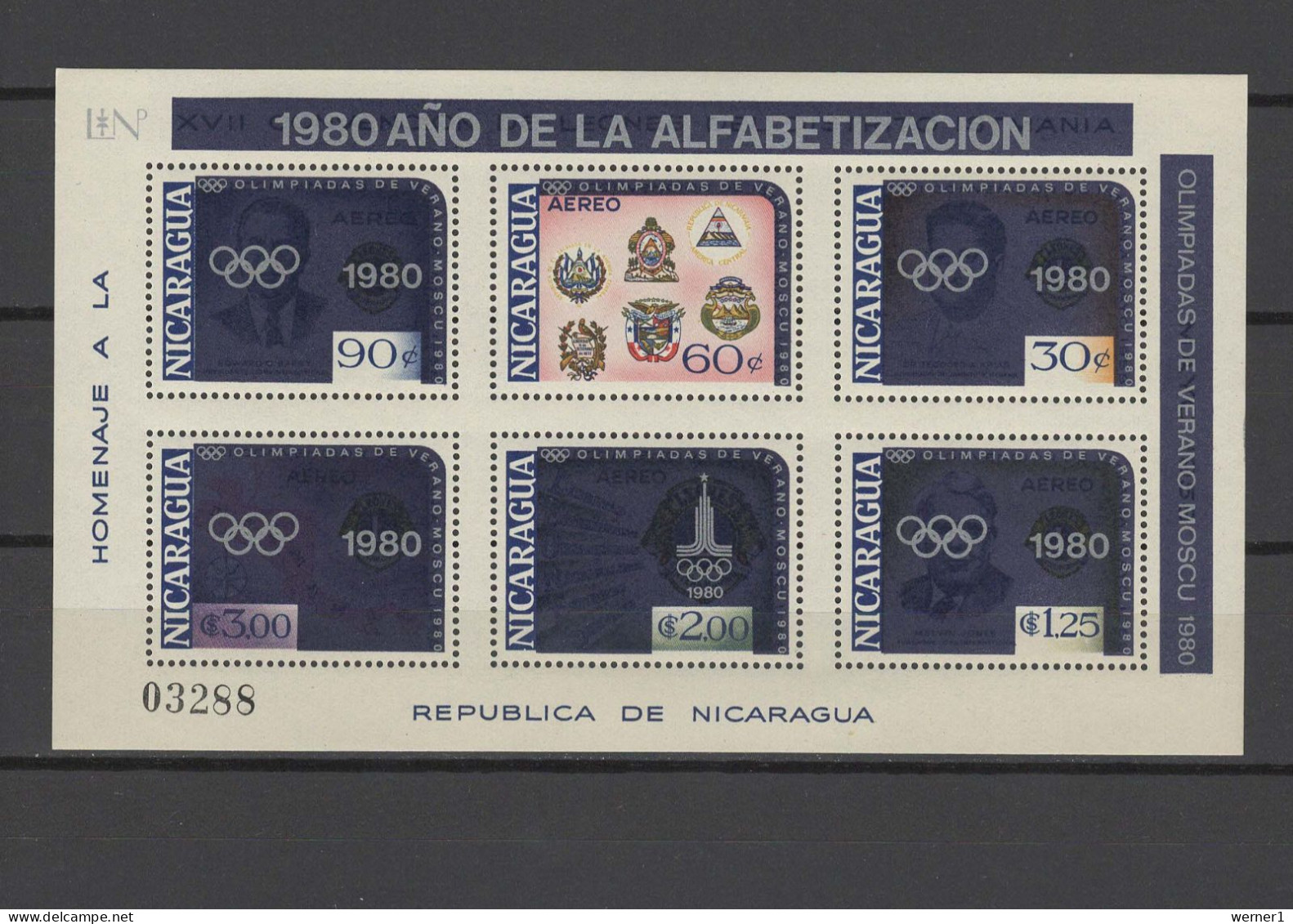 Nicaragua 1980 Olympic Games Moscow, Lions Club S/s With Overprint MNH - Estate 1980: Mosca