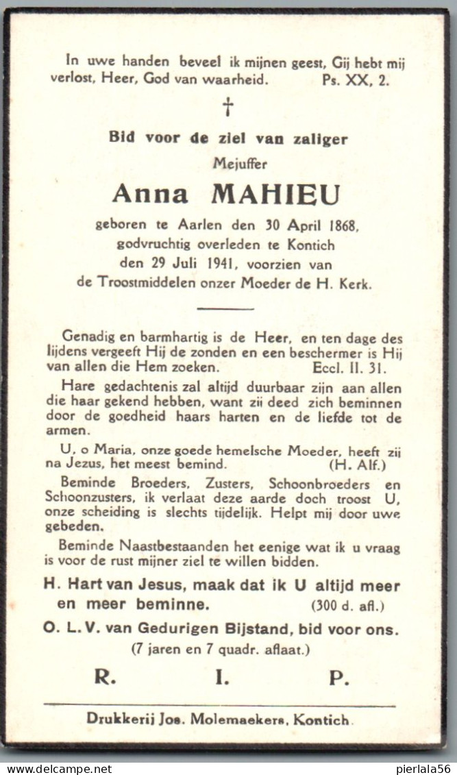 Bidprentje Aarlen - Mahieu Anna (1868-1941) - Devotion Images