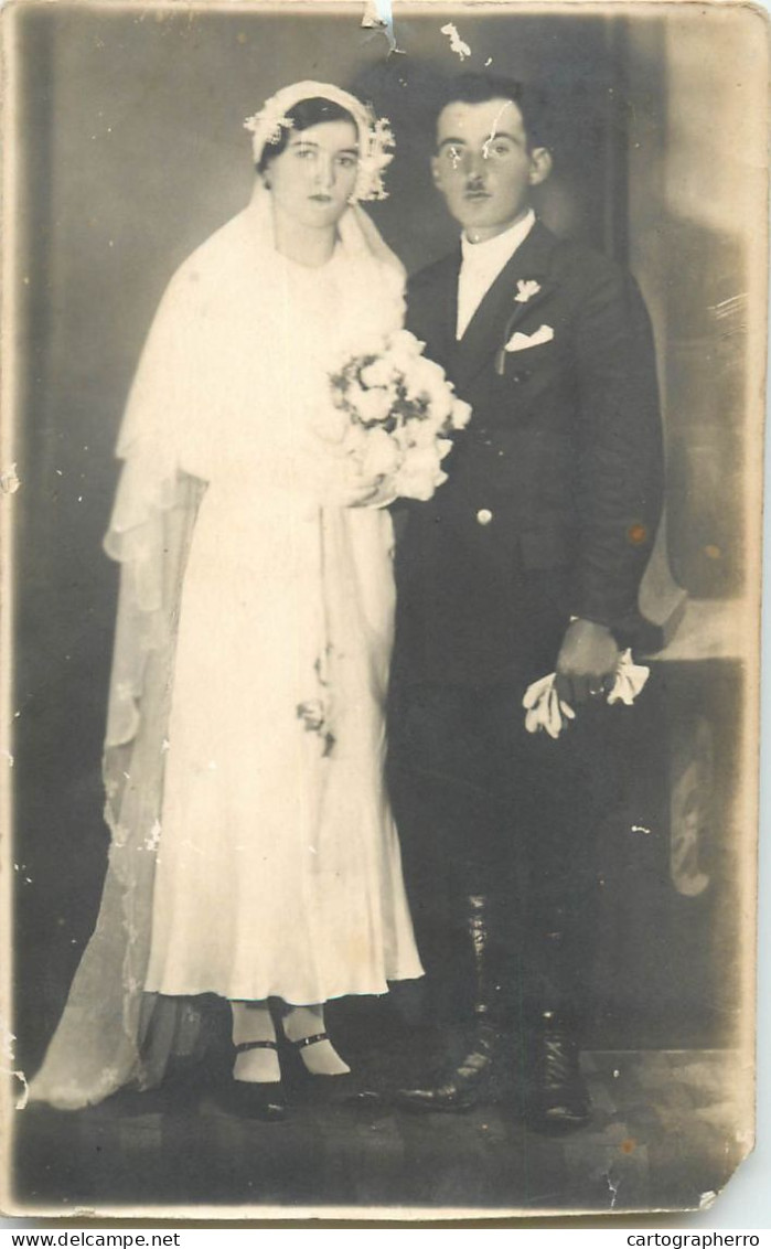 Souvenir Photo Postcard Wedding Bride Groom Flower Bouquet - Marriages