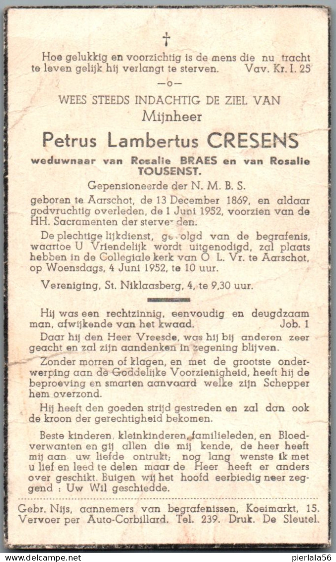 Bidprentje Aarschot - Cresens Petrus Lambertus (1869-1952) Scheurtje - Images Religieuses