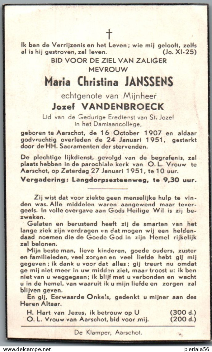 Bidprentje Aarschot - Janssens Maria Christina (1907-1951) - Devotion Images