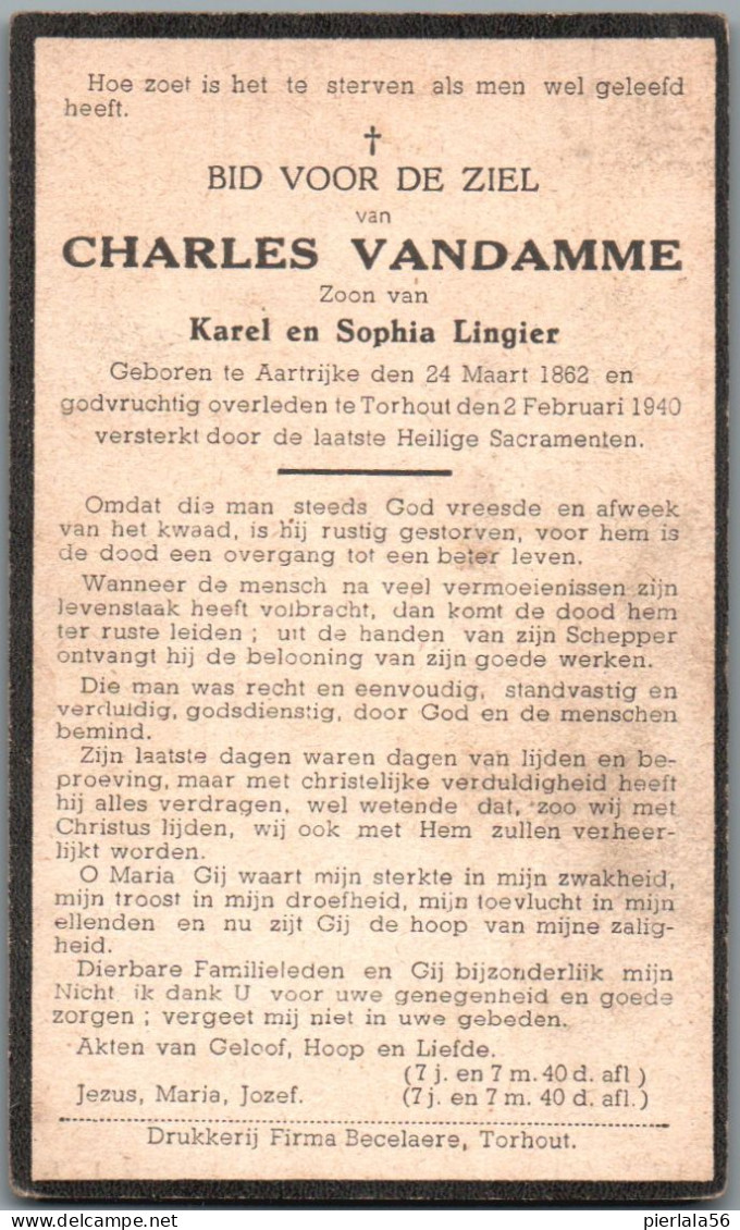 Bidprentje Aartrijke - Vandamme Charles (1862-1940) - Images Religieuses