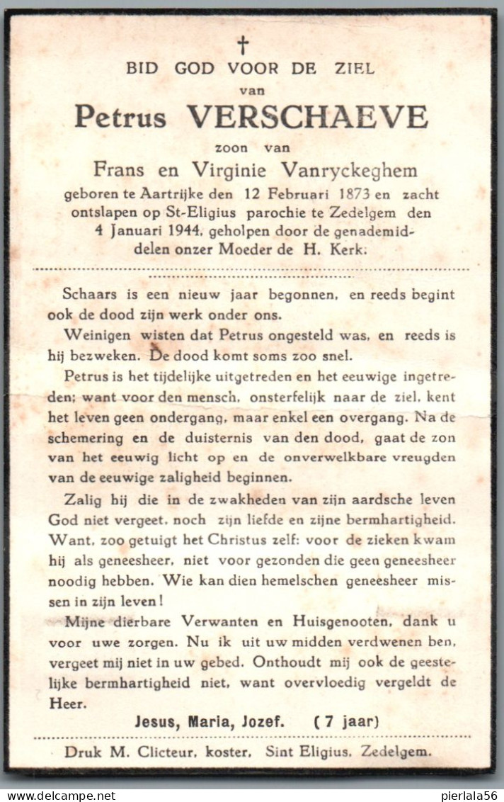 Bidprentje Aartrijke - Verschaeve Petrus (1873-1944) - Images Religieuses