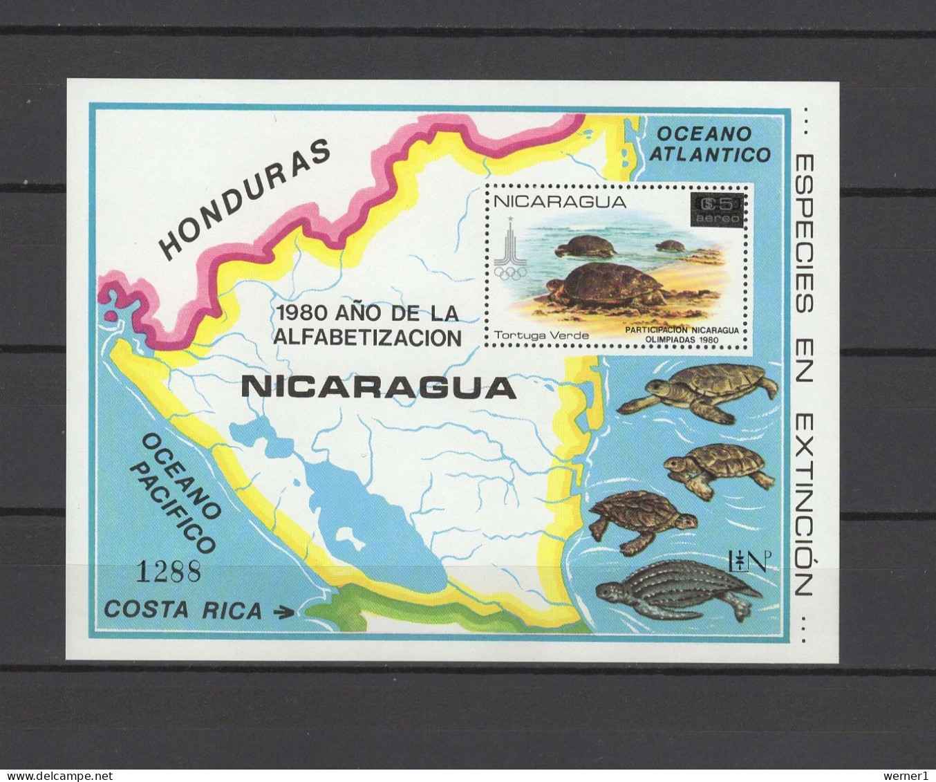 Nicaragua 1981 Olympic Games Moscow, Turtles S/s With Overprint MNH -scarce- - Estate 1980: Mosca