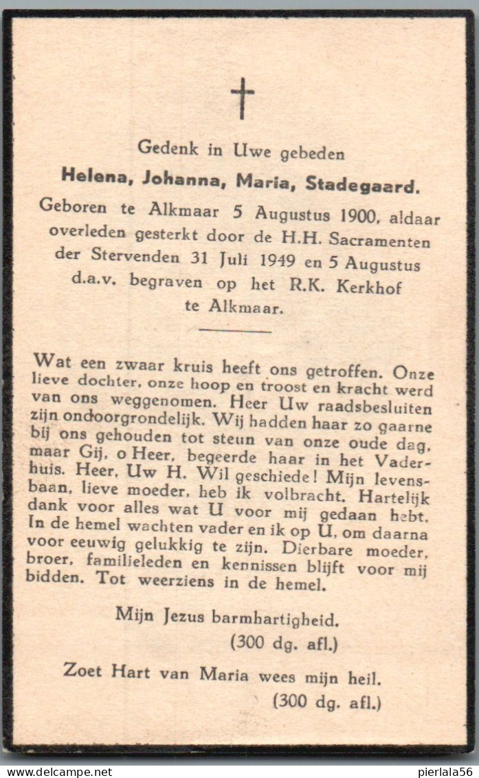Bidprentje Alkmaar (NL) - Stadegaard Helena Johanna Maria (1900-1949) - Images Religieuses