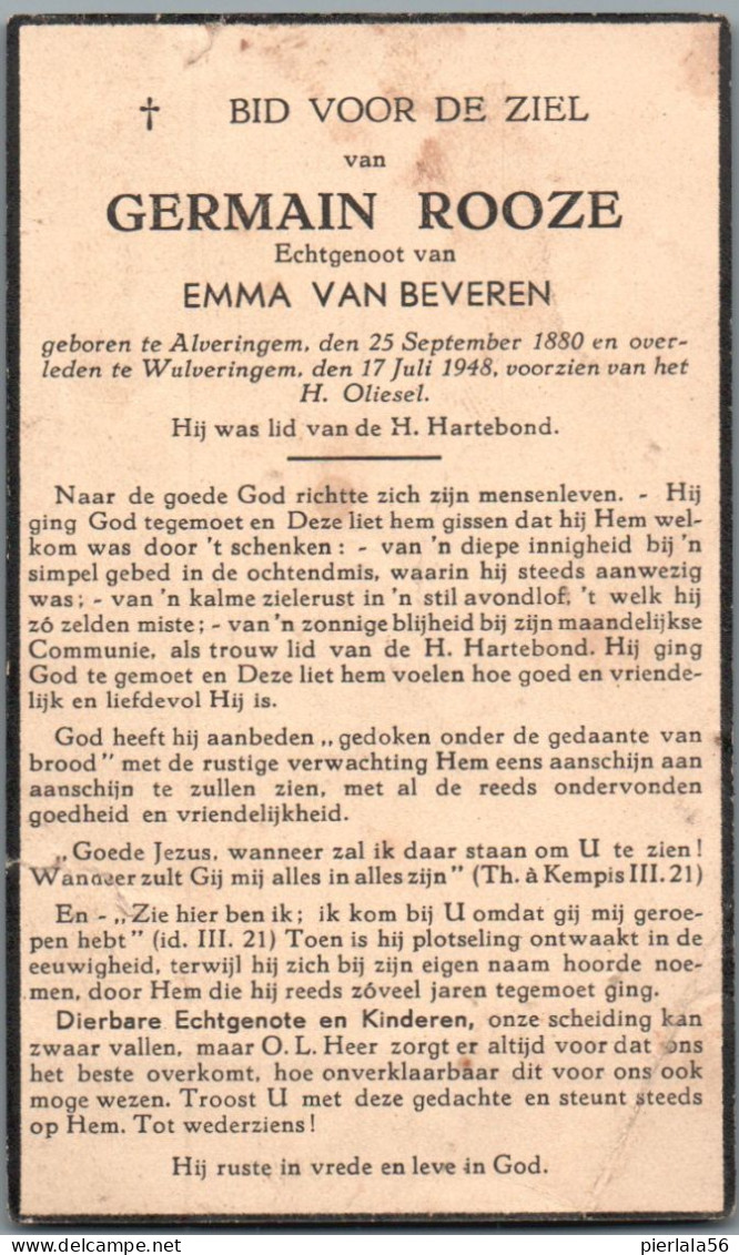 Bidprentje Alveringem - Rooze Germain (1880-1948) - Imágenes Religiosas