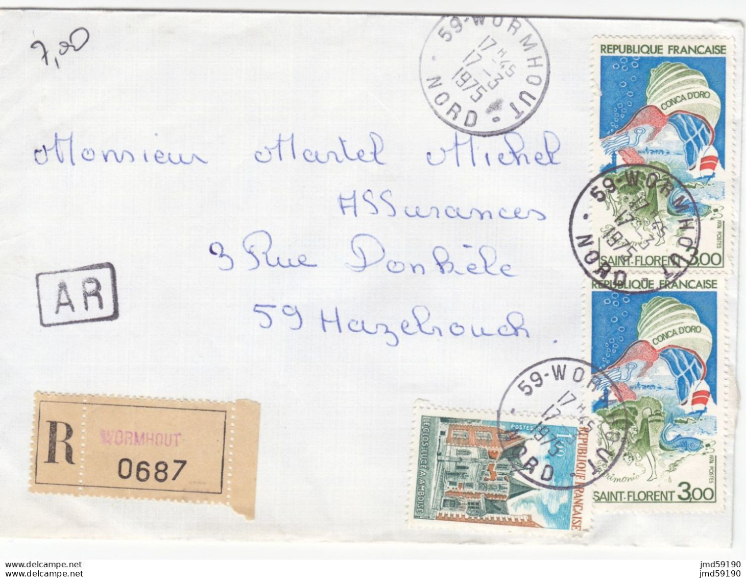 Timbres 1759 + Paire 1794 Sur Lettre Recommandée Ayant Voyagée Le 17/03/1975 De WORMHOUT à HAZEBROUCK NORD 59 - 1961-....