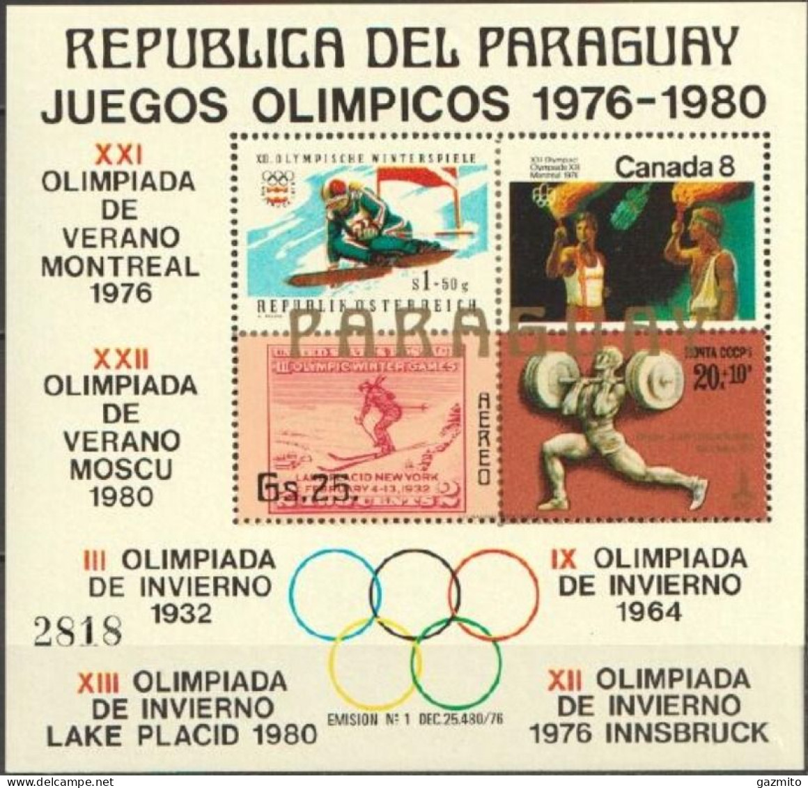 Paraguay 1978, Olympic Game, Stamp On Stamp, 4val In Block - Paraguay