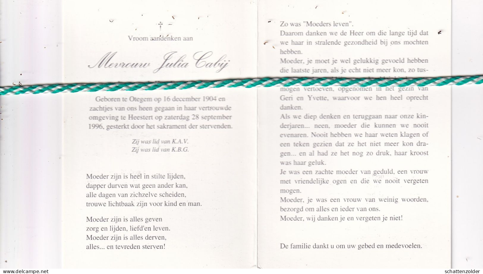 Julia Cabij-Defoor, Otegem 1904, Heestert 1996; Foto - Obituary Notices