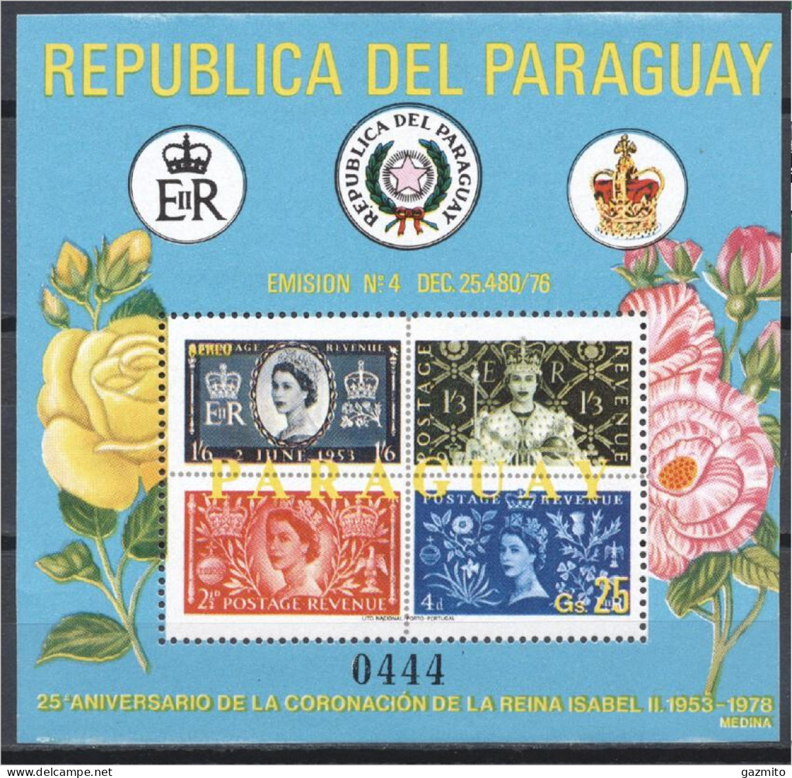 Paraguay 1978, Queen Elizabeth, Flowers, Rose, Stamp On Stamp, BF - Roses