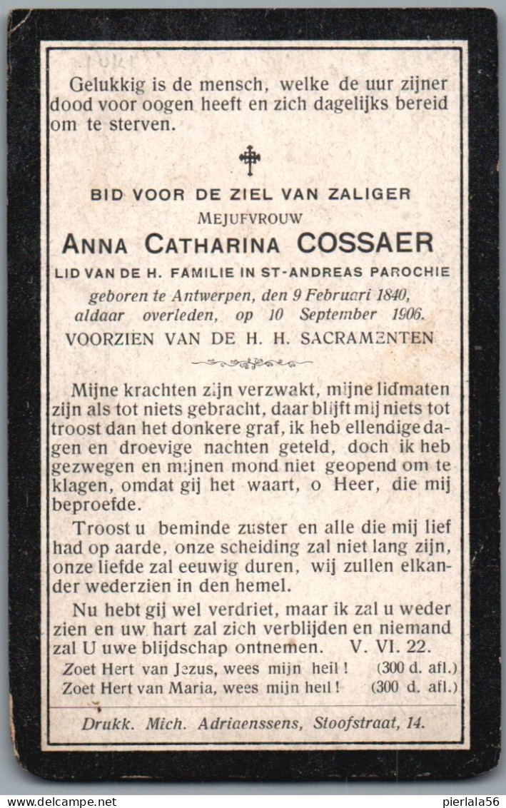 Bidprentje Antwerpen - Cossaer Anna Catharina (1840-1906) - Imágenes Religiosas
