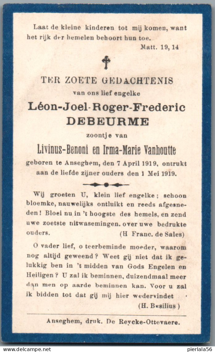 Bidprentje Anzegem - Debeurme Léon Joel Roger Frederic (1919-1919) - Images Religieuses