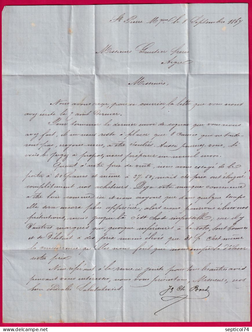 CAD ST PIERRE MARTINIQUE 1867 TAXE 6 TAMPON VOIE FRANCAISE POUR AIGRE CHARENTE LETTRE - 1849-1876: Période Classique