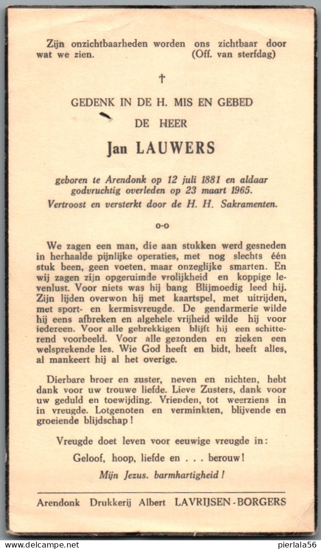 Bidprentje Arendonk - Lauwers Jan (1881-1965) - Imágenes Religiosas