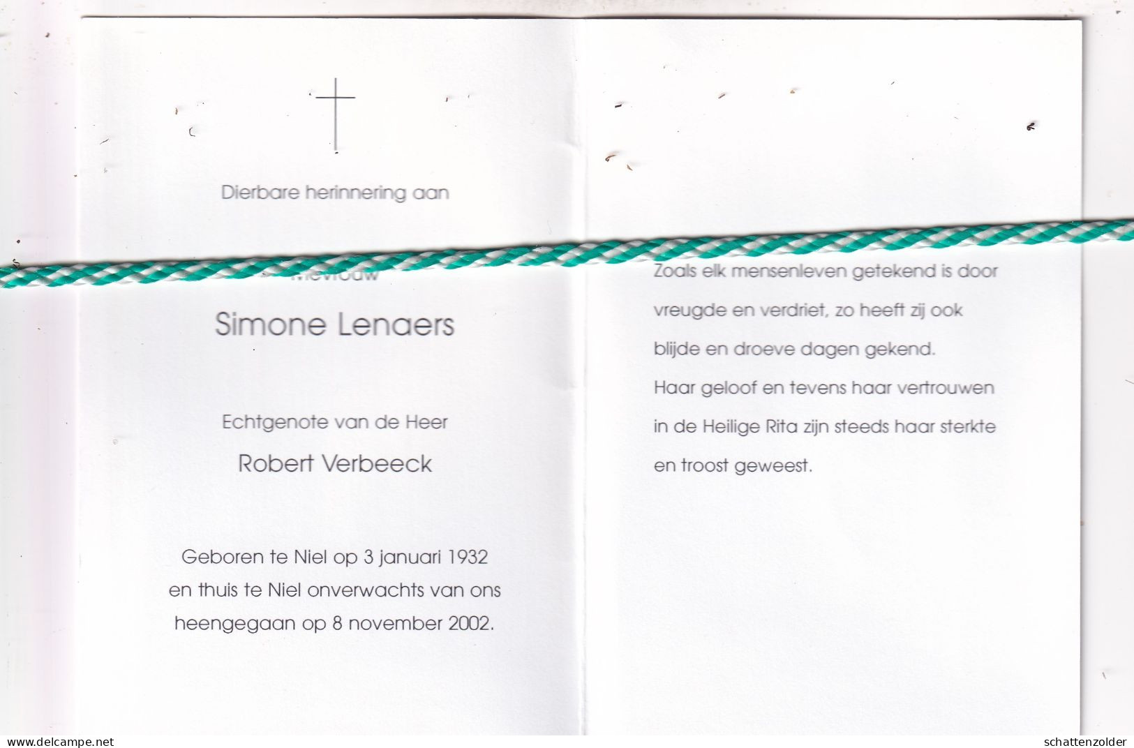 Simone Lenaers-Verbeeck, Niel 1932, 2002. Foto - Overlijden