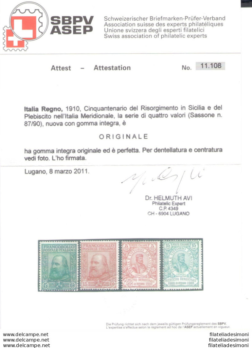 1910 Italia - Regno - Garibaldi, Catalogo Sassone N. 87-90, 4 Valori, MNH** Certificato Helmut Havi - Andere & Zonder Classificatie
