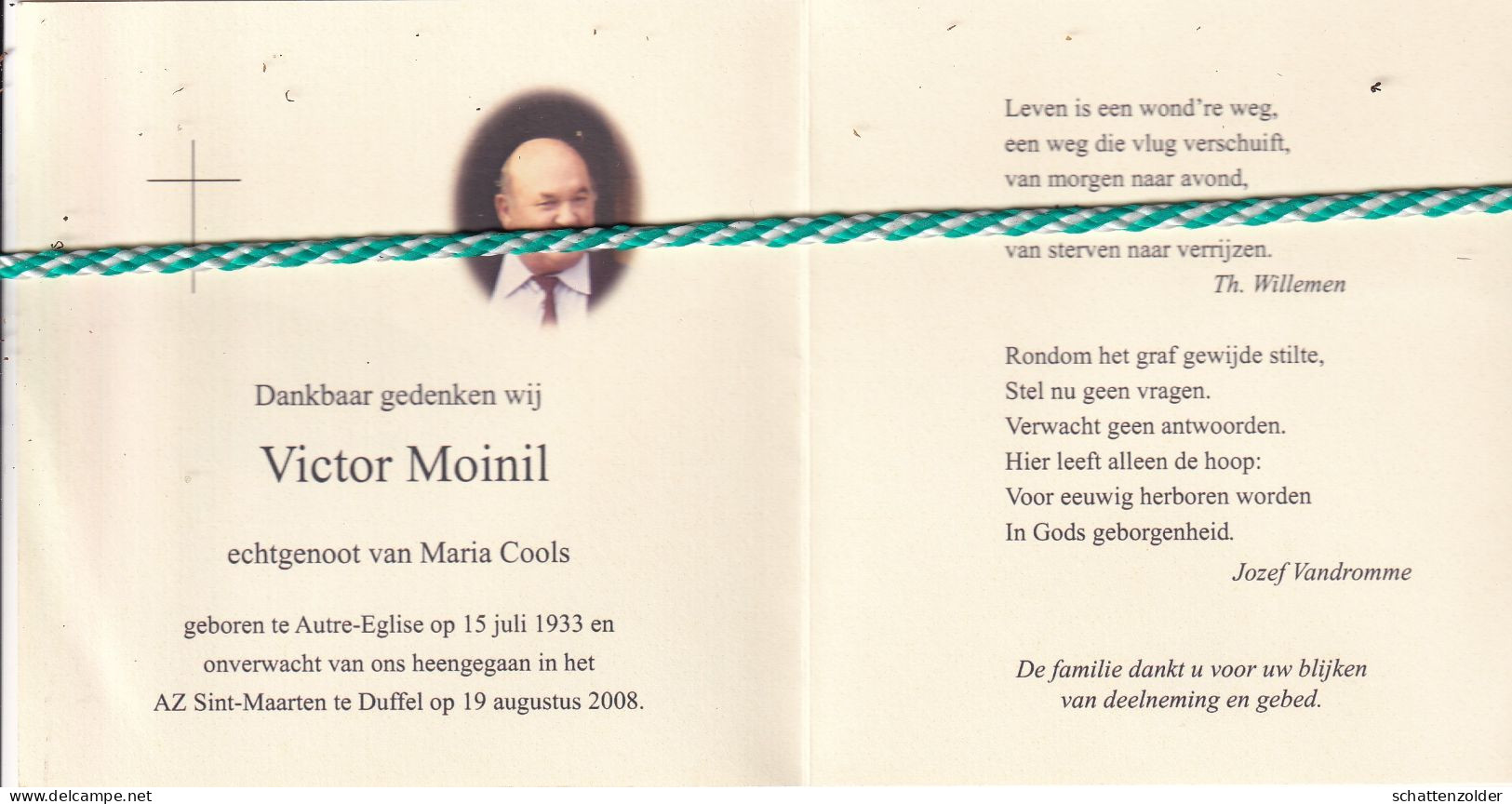 Victoir Moinil-Cools, Autre-Eglise 1933, Duffel 2008. Foto Tekening - Obituary Notices