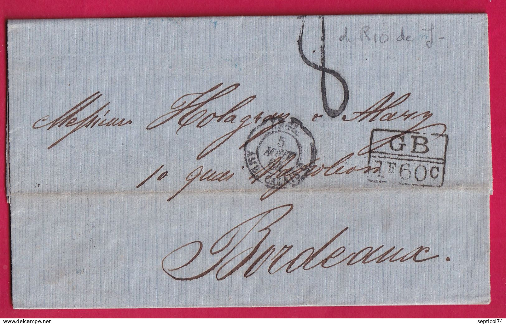 LETTRE DE RIO DE JANEIRO BRESIL BRAZIL 1864 TAXE 8 MARQUE ECHANGE GB 1F60 POUR BORDEAUXLETTRE - Préphilatélie