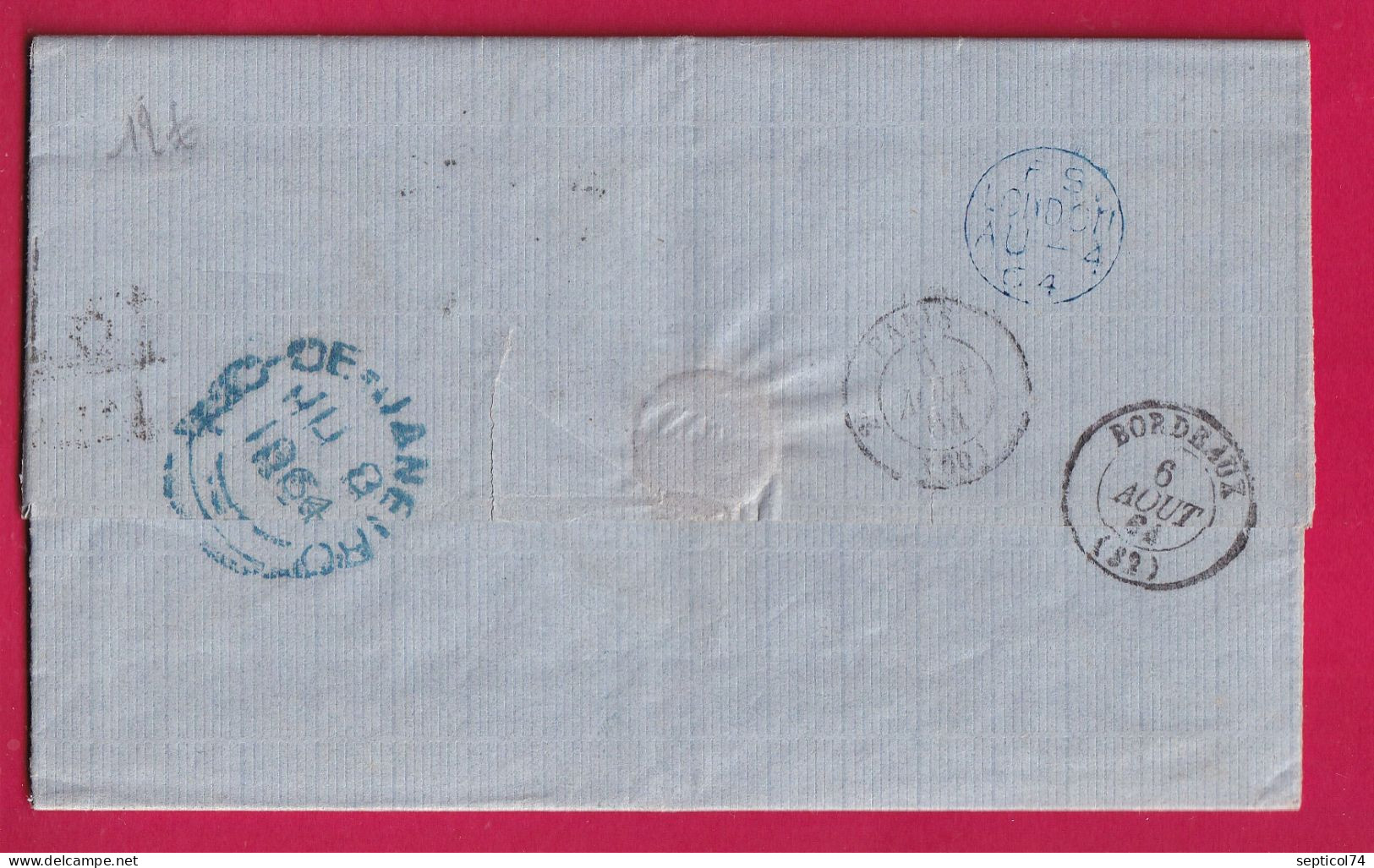 LETTRE DE RIO DE JANEIRO BRESIL BRAZIL 1864 TAXE 8 MARQUE ECHANGE GB 1F60 POUR BORDEAUXLETTRE - Prephilately