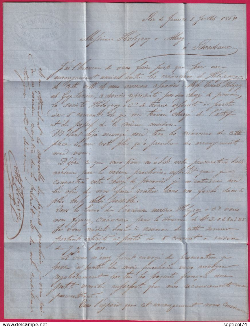 LETTRE DE RIO DE JANEIRO BRESIL BRAZIL 1864 TAXE 8 MARQUE ECHANGE GB 1F60 POUR BORDEAUXLETTRE - Préphilatélie