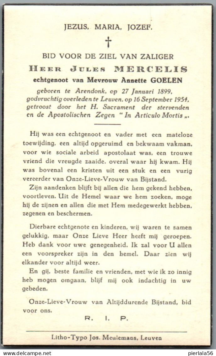 Bidprentje Arendonk - Mercelis Jules (1899-1954)  2# - Imágenes Religiosas