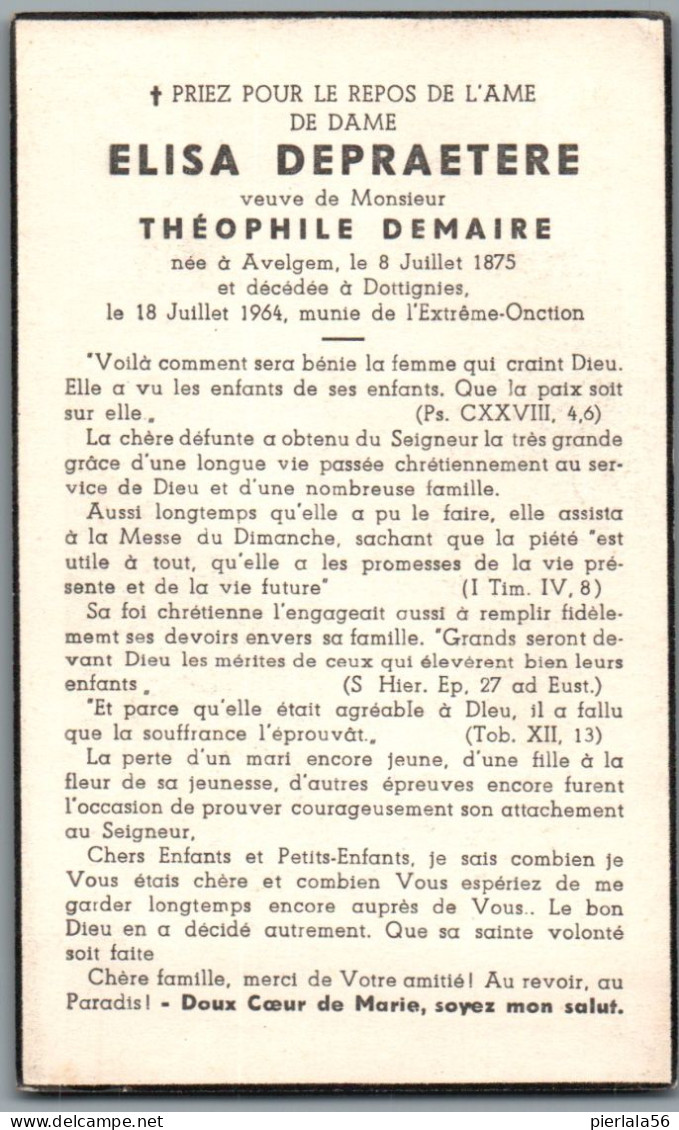 Bidprentje Avelgem - Depraetere Elisa (1875-1964) - Imágenes Religiosas