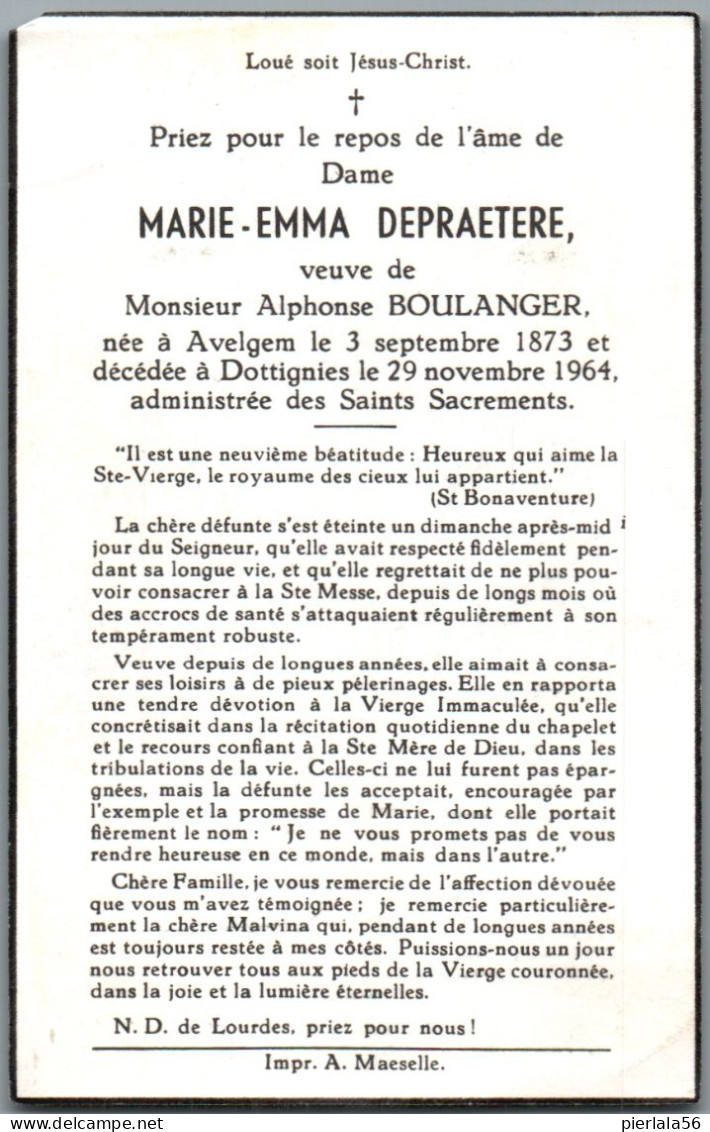 Bidprentje Avelgem - Depraetere Marie Emma (1873-1964) - Andachtsbilder