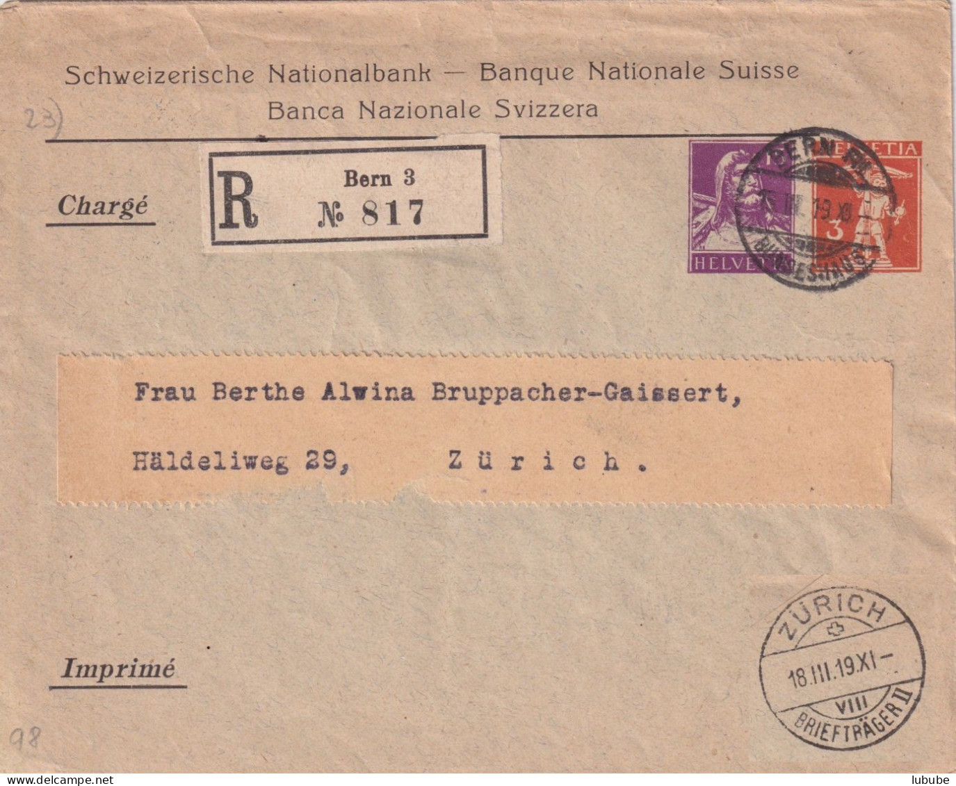 R PrU-259  "Schweizerische Nationalbank, Bern Bundeshaus"       1919 - Stamped Stationery