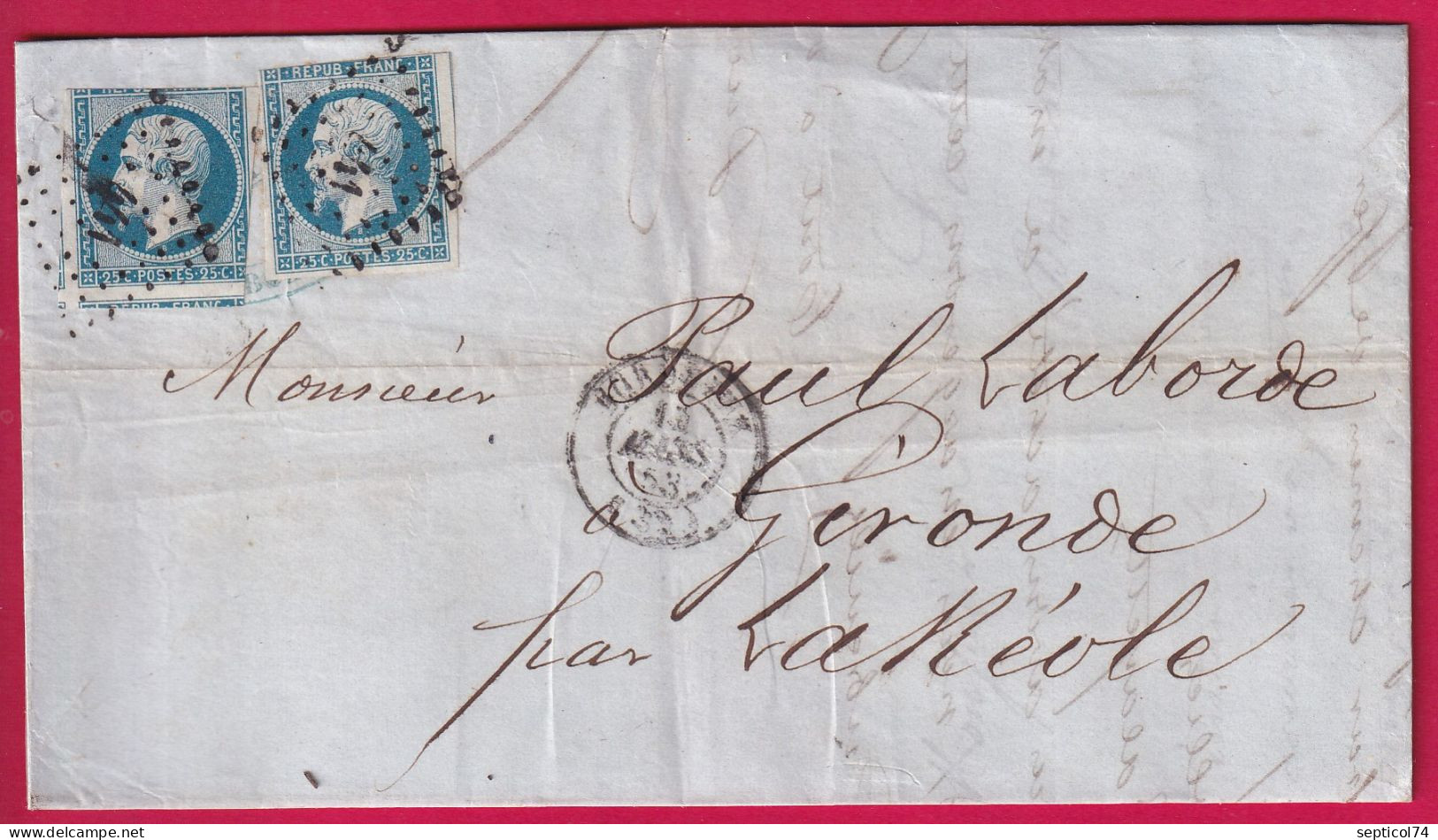 N°10 X2 PC441 BORDEAUX GIRONDE POUR LA REOLE 1853  LETTRE - 1849-1876: Klassik