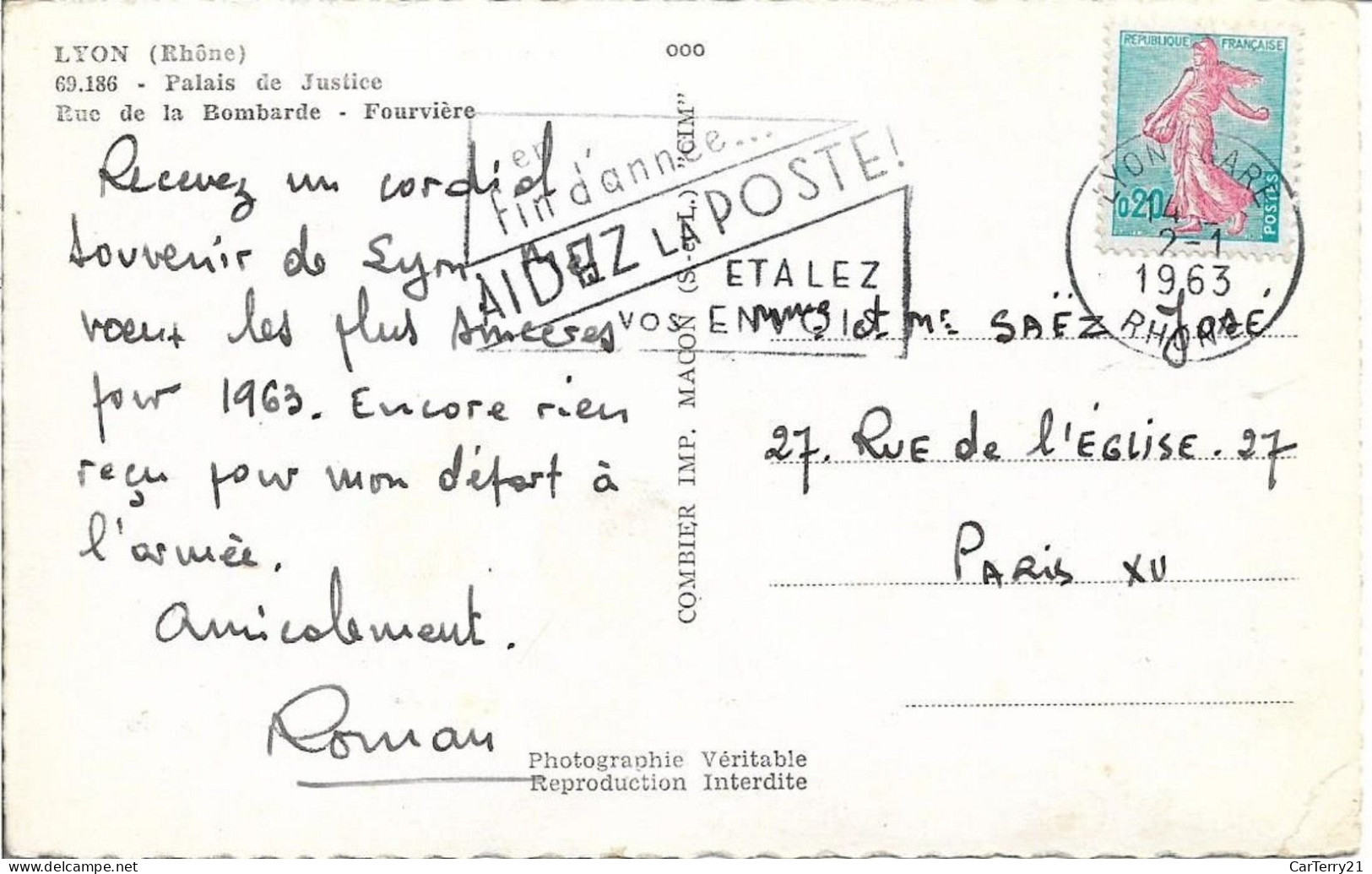 69. LYON. PALAIS DE JUSTICE. RUE DE LA BOMBARDE. NOMBREUSES VOITURES. 1963. - Lyon 5