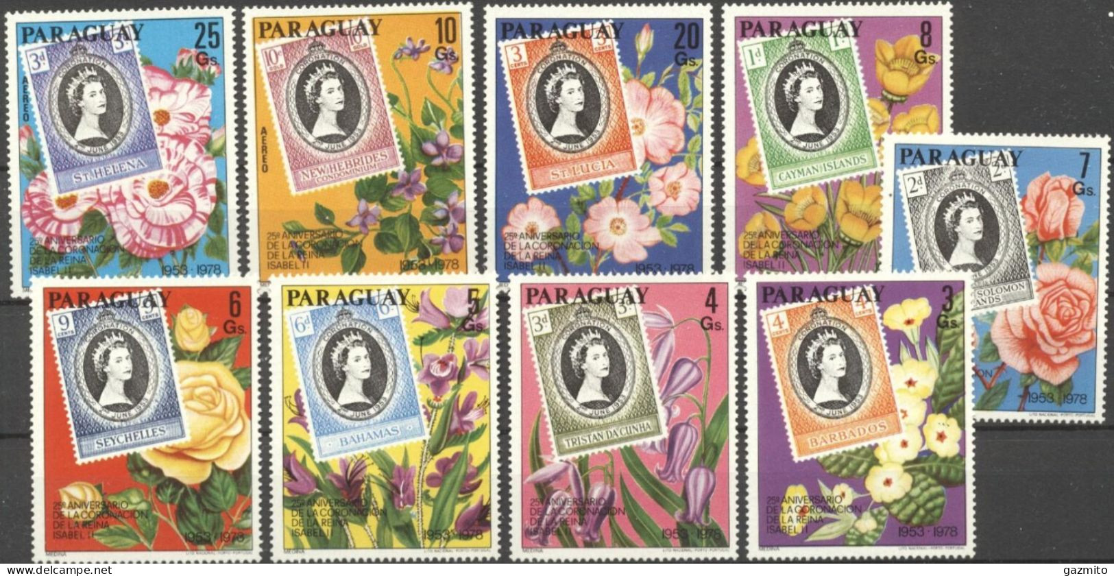 Paraguay 1978, Queen Elizabeth, Flowers, Rose, Stamp On Stamp, 9val - Stamps On Stamps
