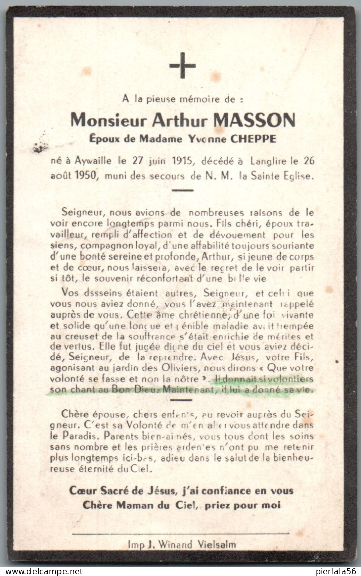 Bidprentje Aywaille - Masson Arthur (1915-1950) - Images Religieuses