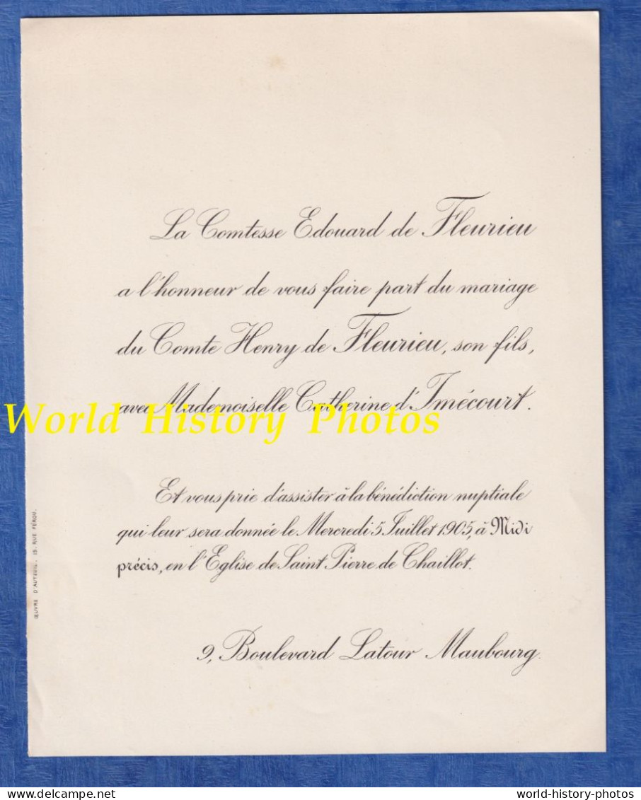 Faire Part Ancien De 1905 - PARIS - Mariage Comte Henry De FLEURIEU & Catherine D' IMECOURT - Comtesse Edouard - Boda