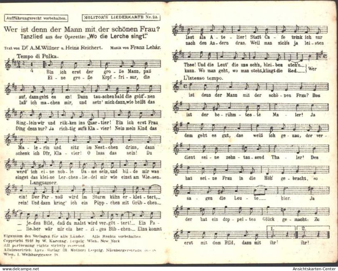 13804908 - Molitors Liederkarte  Tanzlied Aus Der Operette  Wo Die Lerche Singt - Other & Unclassified