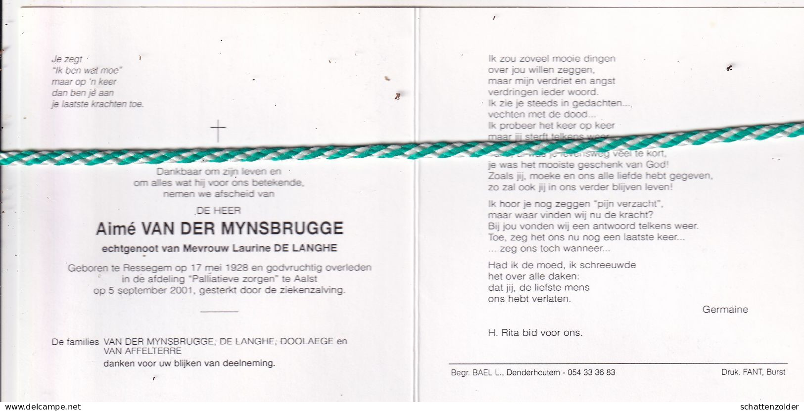 Aimé Van Der Mynsbrugge-De Langhe, Ressegem 1928, Aalst 2001. Foto - Obituary Notices