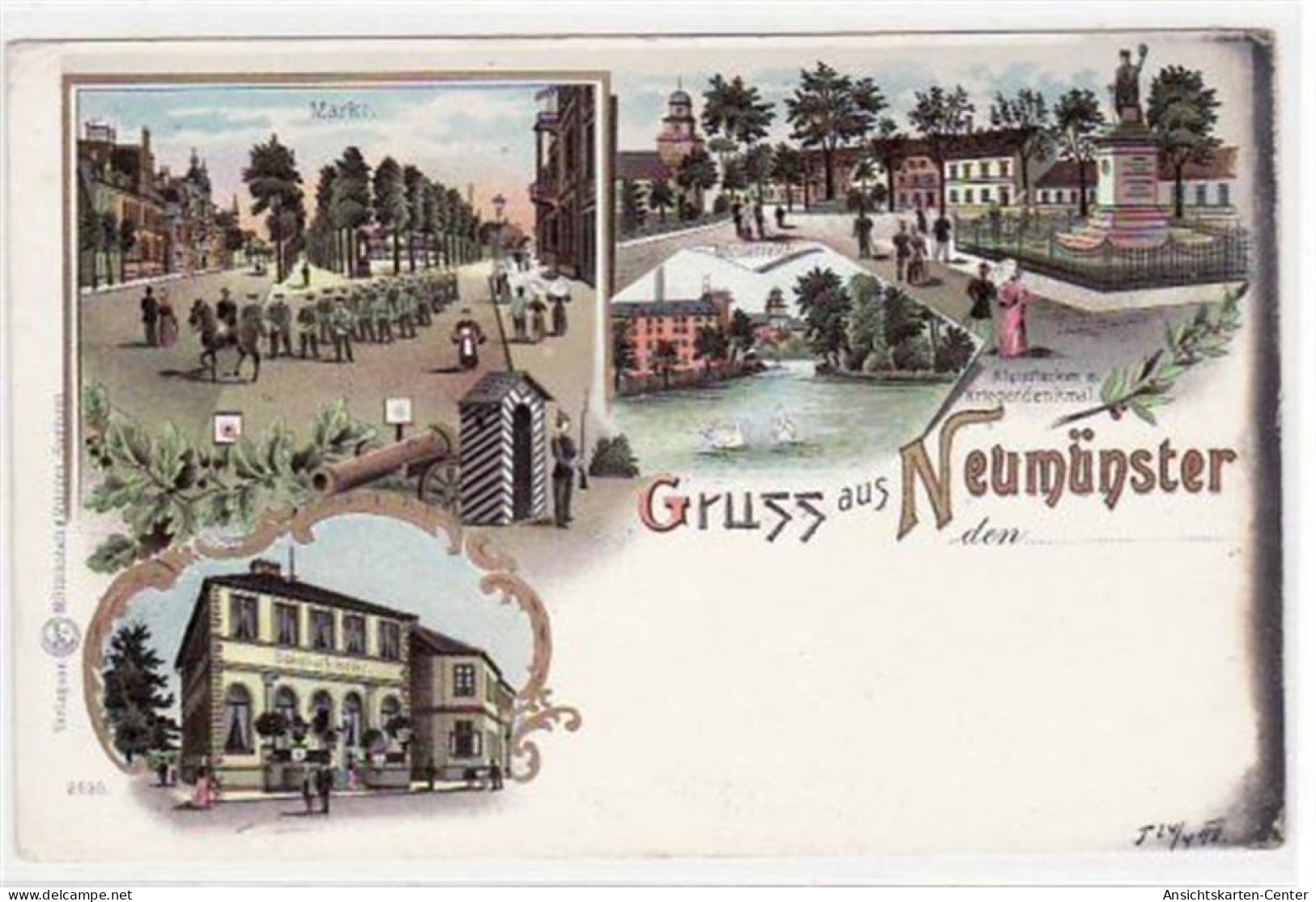 39070208 - Neumuenster, Lithographie Mit Markt Und Bahnhofs-Hotel. Ungelaufen Um 1900 Oxydationsspuren Rechter Rand, Le - Autres & Non Classés