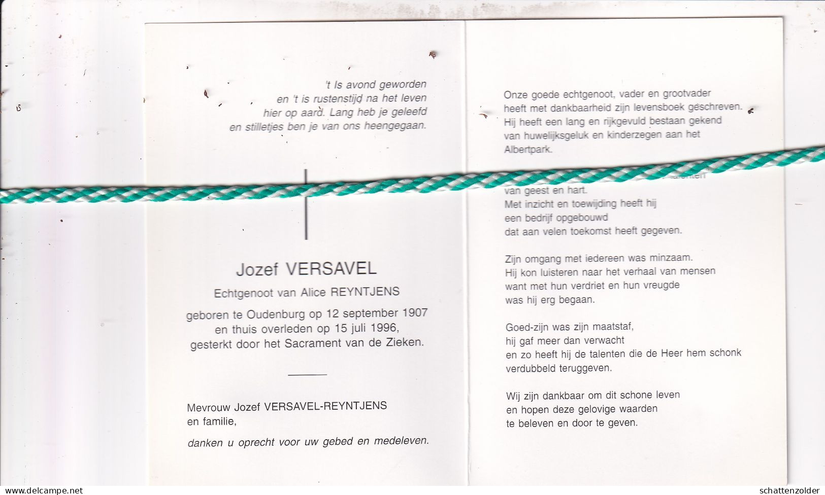 Jozef Versavel-Reyntjens, Oudenburg 1907, 1996. Foto - Overlijden