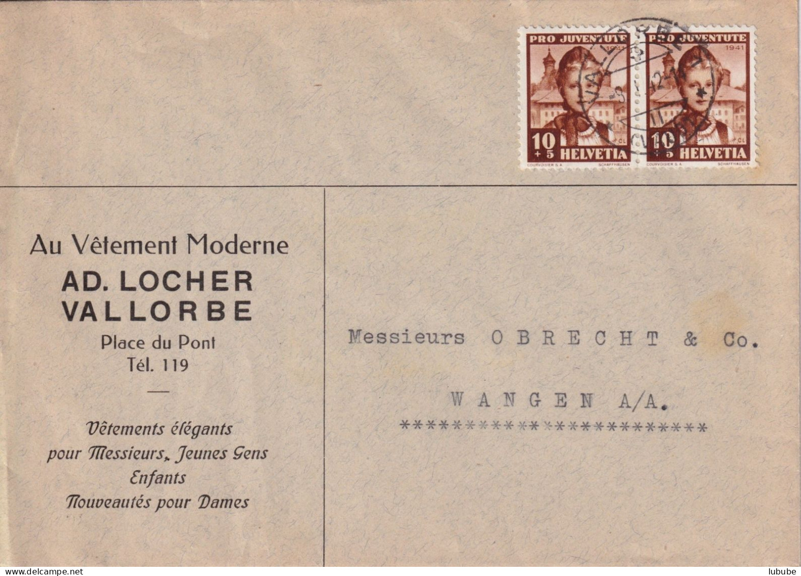 Motiv Brief  "Au Vêtement Moderne, Locher, Vallorbe"        1942 - Storia Postale