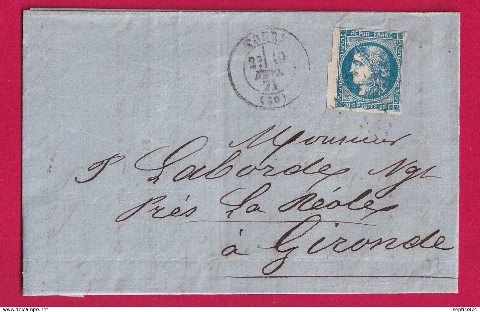 N°46B GC3997 TOURS INDRE ET LOIRE POUR LA REOLEE GIRONDE LETTRE - 1849-1876: Période Classique