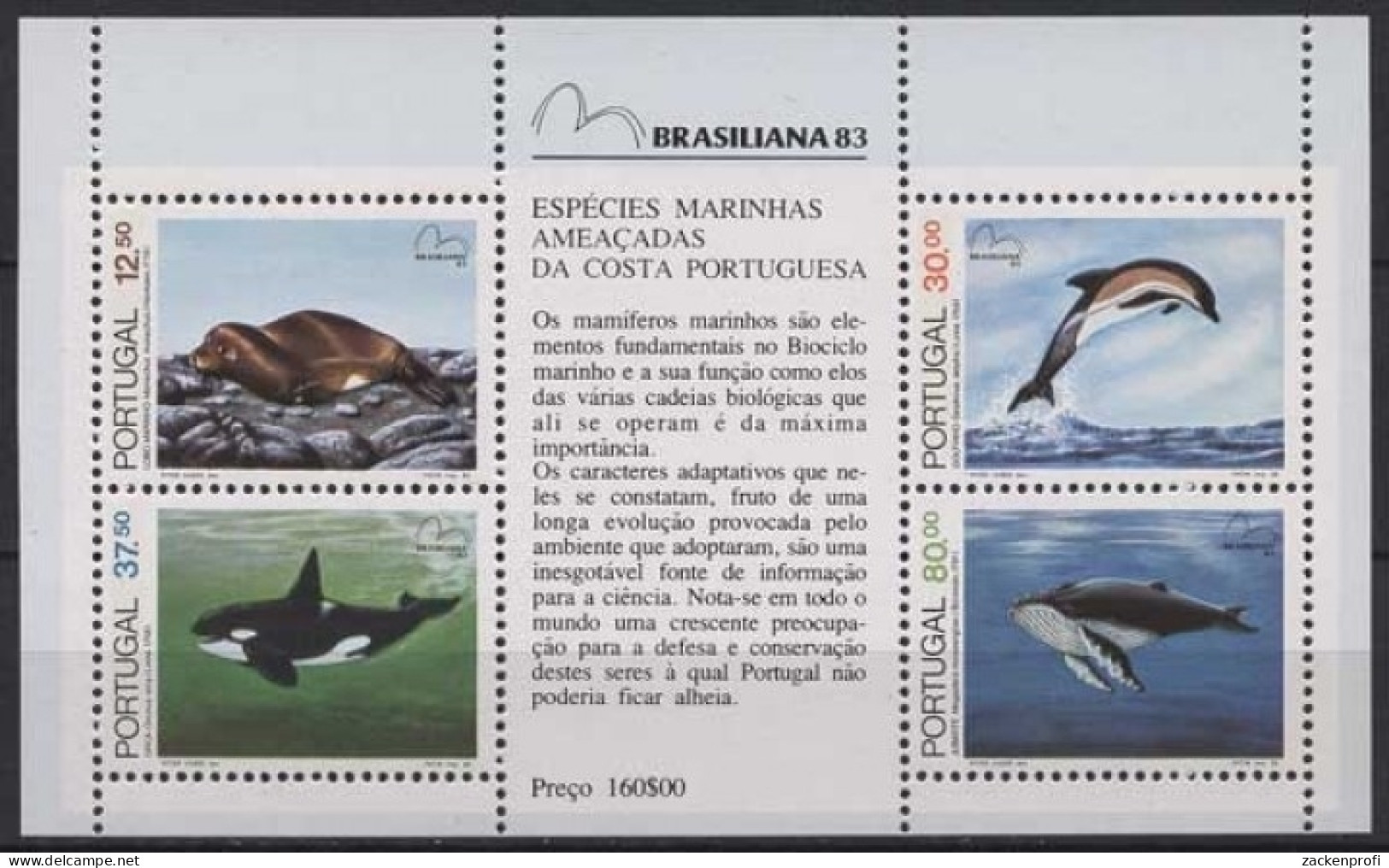 Portugal 1983 BRASILIANA'83 Meeressäugetiere Block 41 Postfrisch (C91043) - Blocks & Kleinbögen