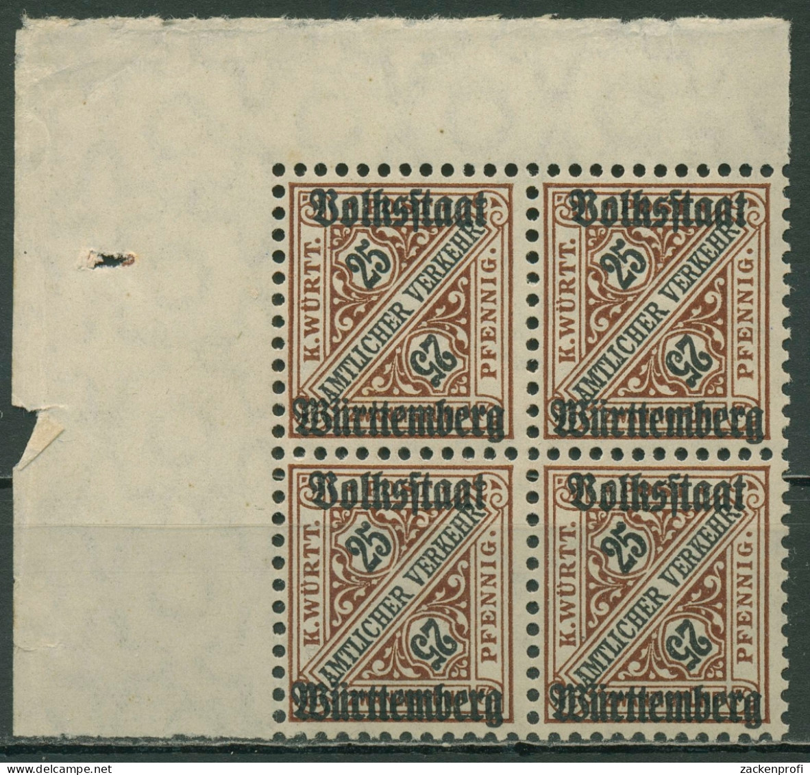 Württemberg Dienstmarken 1919 Mit Aufdruck 265 4er-Block, Ecke 1 Postfrisch - Nuevos